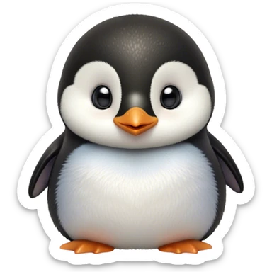 Cinematic Cute Baby Penguin Portrait Emoji, Head tilted playfully and inquisitively, with irresistibly fluffy plumage accented by a tiny beak and round, sparkling eyes filled with wonder, Simplified yet irresistibly adorable features, highly detailed, glowing with a warm, friendly polar glow, high shine, affectionate and lively, stylized with a touch of whimsical charm, bright and endearing, soft glowing outline, capturing the essence of a mischievous yet loving penguin that feels like it could slide out of the screen into your arms! sticker