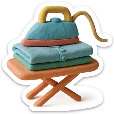 iron on ironing board with a neatly folded shirt, playful arrangement, pastel palette, claymation style sticker