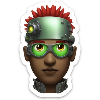 Male cyborg with thin red Mohawk and green steampunk goggles sticker
