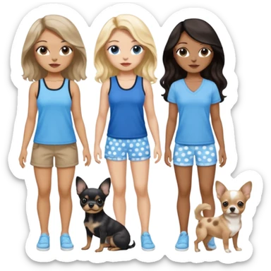 Three women in summer clothes, brown eyed light skin with dark blonde long hair and Brown eyed light skin black long wavy hair and blue eyed light skin long blonde hair with blue spotted Merle Frenchie and also a black and tan chihuahua  sticker
