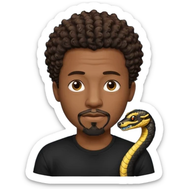 Homme noir, yeux marron avec un bouc que le menton, cheveux court et bouclé crépus avec dégradé sur le côté, avec un cobra à côté , t-shirt noir  sticker