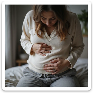 hyperrealistic 4K detailed image of a woman with hormonal imbalance, hand on bloated abdomen, wearing comfortable clothes, expression of discomfort, domestic environment sticker