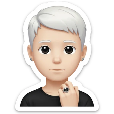 just a boy with TOTALLY WHITE SHORT HAIR (pure white like paper or snow, not gray, not blonde), wearing dark t-shirt, silver ring with black stone sticker