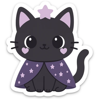 kawaii style magical gothic cat, cute face, black fur, purple heart markings, wearing a starry cape, cheerful and magical sticker