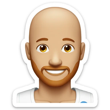 bald man, blue eyes, smiling with red patchy beard sticker