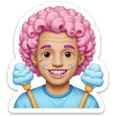 very cheerful colorful puffy curly haired man made out of cotton candy wearing teeth-braces and tattoos and face tattoos just face  sticker