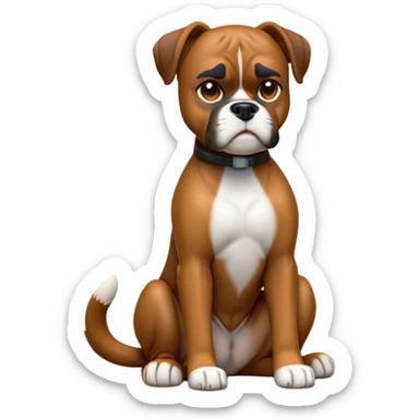 cinematic-[boxer dog]-realistic-full-body-sitting-emoji,-tail-resting-loosely-beside-its-paws,-head-tilted-dramatically,-sleek-[brown]-fur,-simplified-yet-realistic-focused-features,-highly-detailed,-glowing-with-an-almost-sarcastic-glow sticker