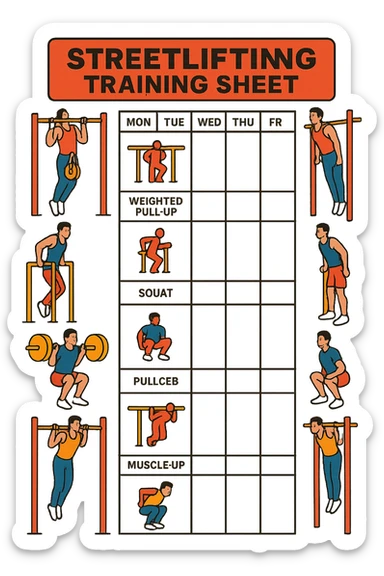 a streetlifting training sheet with icons for each exercise—weighted pull-ups, weighted dips, squats, muscle-ups—organized in a weekly schedule. Around the sheet, small illustrations show athletes performing each movement with proper form. The color palette is bold and energetic, and the background is clean and minimal. sticker