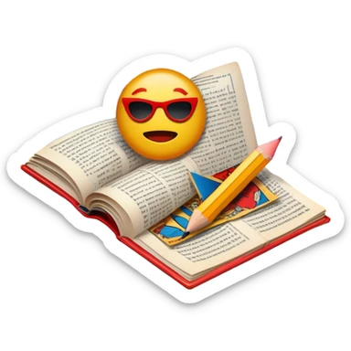 Create a vibrant emoji representing comic books and graphic novels. The design should feature a large, open comic book or vintage comic magazine with pages displaying classic American comic art, with text in Russian. The comic pages should have bold, dynamic panels and action scenes. Include a pencil writing on the pages, but without a hand, to symbolize the artistic creation of comics. Use bright colors like red, blue, and yellow, with a retro feel to the design. Make the background transparent. sticker