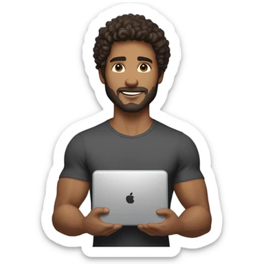 men carrying a computer in his hands. light brown skin men with curly dark brown hair, brown eyes, little grown beard. imposing, muscular build. dressed casual. sticker