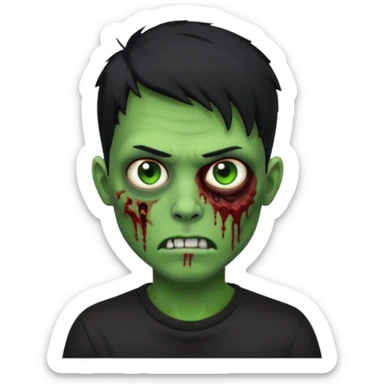 Zombie Emoji AppleIOS Style, lowfade Black Hair, nose piercing, and Black T-shirt, Green Skin sticker
