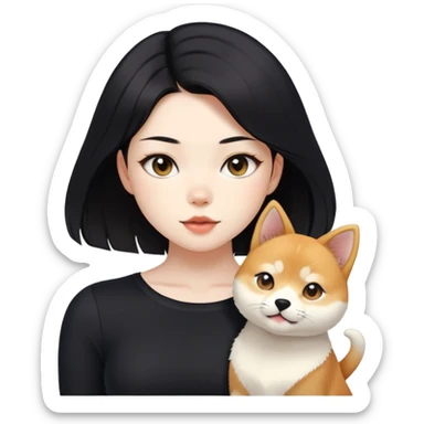 girl with black shoulder-length hair wearing a black tight-fitting top with a calico cat with white mouth and a shiba inu dog sticker