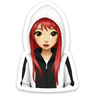 hime gyaru girl, long straight black and red hair, dark makeup, white hoodie with black logo on front sticker