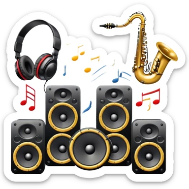 Icon for R&B Music Listening: large concert speakers and headphones with waves of musical notes coming out, along with drums, bass guitar and saxophone. The icon should convey the energetic and rhythmic vibe of R&B music. Transparent background sticker