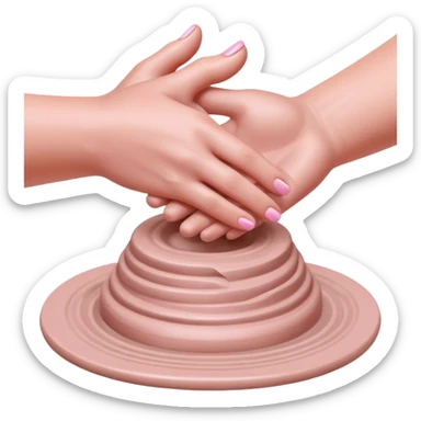 hands performing palm hug gesture on a pink mound of clay on a silver pottery wheel, gently hugging the clay to maintain moisture sticker