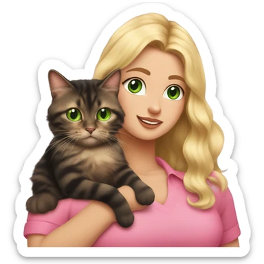 woman with green eyes and long wavy blonde hair and big boobs in a pink shirt is holding a very fluffy and fat black and tortoiseshell cat sticker