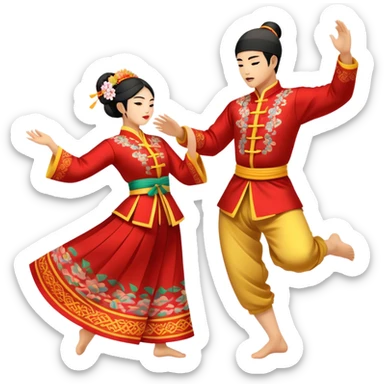 Cinematic Realistic scene of two performers executing a traditional Vietnamese folk dance, adorned in intricately patterned traditional costumes, captured in fluid motion with soft, culturally rich lighting sticker