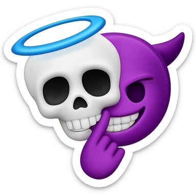 Recreate an emoji featuring a white skull with a blue halo and a purple devil skull, both sharing a mischievous hand gesture. Match the original style as closely as possible. The background should be transparent. sticker