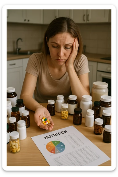 a woman in her 30s sits at her kitchen table, surrounded by dozens of supplement bottles, powders, and pills. She looks anxious and fatigued, with her head resting in one hand while the other holds a handful of colorful capsules. On the table, a nutrition chart is ignored, and her skin appears slightly dull or stressed. The mood is cautionary and educational. sticker