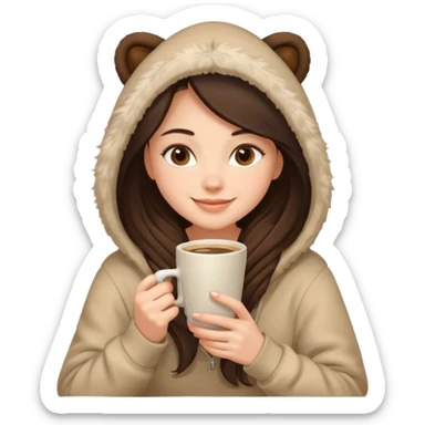 a brunette girl sitting cozily in a beige fur hoodie sipping coffee sticker