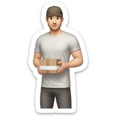 Pale skinned fit Man with dark brown hair in a light gray cap, dark brown jeans, brown polo and white T-shirt keeping a pasted with tape white box into his hands sticker