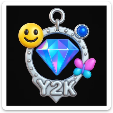 convert to a Y2K style charm: add a silver jump ring to the top for attaching to a bracelet or necklace, keep the holographic diamond, blue sapphire accent, and playful Y2K details, 3D emoji style sticker