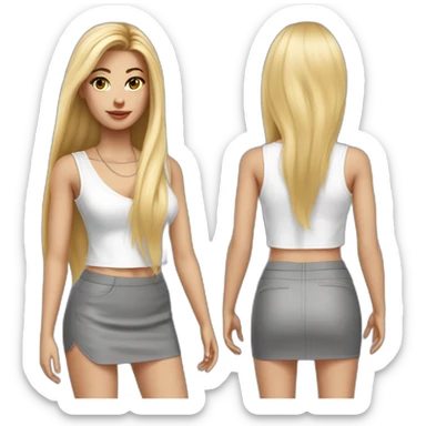 hyperrealistic caucasian blonde, long straight hair, white deep v-neck crop tanktop, gray tight mini skirt sticker
