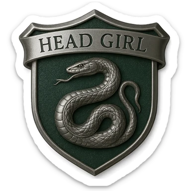 Transform this badge into a realistic Slytherin head girl badge. Replace the lion emblem with a detailed serpent emblem. Change the colors to Slytherin's green and silver. Update the text to 'Head Girl'. Keep the polished, metallic style and remove any Gryffindor elements. The style should be realistic and polished metallic badge style. sticker