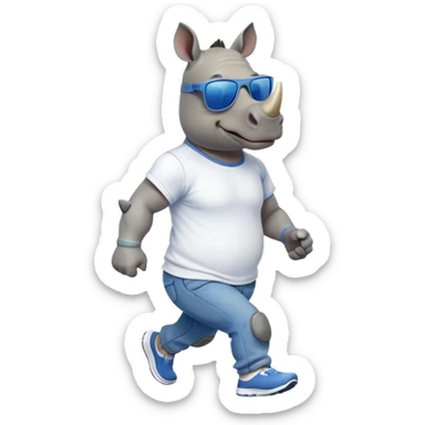 friendly anthropomorphised rhino in jeans and t-shirt, wearing dark sunglasses, jogging upright, standard pose sticker