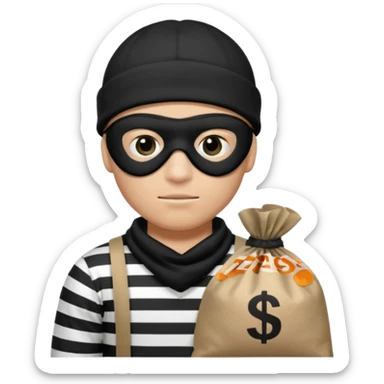 robber wears black eye mask, black beanies and black and white stibes shirt with one brown money bag beside him sticker