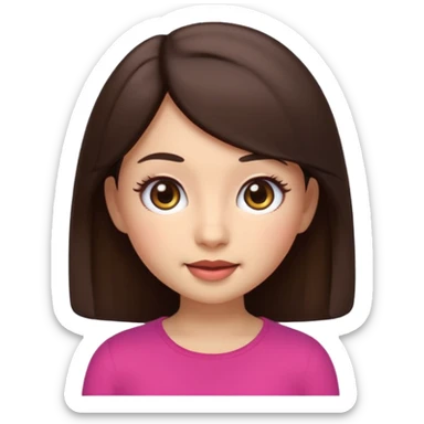 3D emoji sticker of a cute girl, Apple Memoji style, dark brown hair, brown eyes, long eyelash extensions, soft facial features, clean white background, smooth lighting, high quality, cute and friendly expression sticker