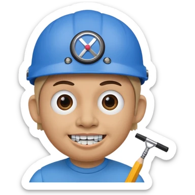 A round head puppet with 2 buck teeth a blue bike helmet and a round nose with a pencil in it also he has a unibrow and blue eyes sticker