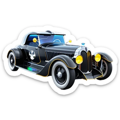 luxurious ghostly sporty antique electric Darth Vader’s Batman-armored 1926 black graphite colored enclosed twin seat town coupe Batmobile with horizontal holographic 3d stars painted on the body sides and neon underglow  sticker