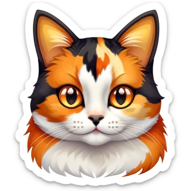 Cinematic Cute Calico Cat Portrait Emoji, Head tilted playfully with sparkling, inquisitive eyes and a charming patchwork fur of orange, black, and white, simplified yet irresistibly adorable, highly detailed, glowing with a warm, inviting glow, high shine, bubbly and affectionate, styled with a touch of whimsical feline charm, soft glowing outline, capturing the essence of a delightfully cute calico cat that looks as if it could prance off the screen into your heart! sticker