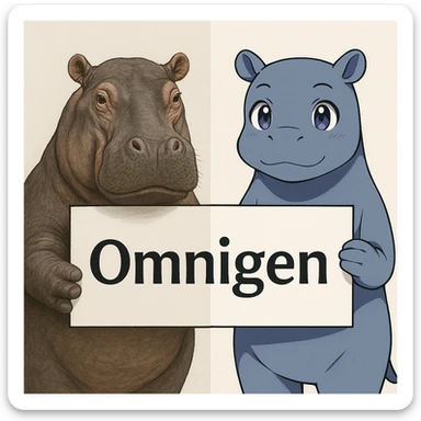 two hippo holding sign of omnigen, half picture 1 hippo is realistic another half is the anime of that same second hippo sticker