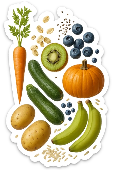 carota, fiocchi di avena, zucchine, kiwi, mirtilli, semi di chia, patate, banane acerbe, zucca, riso fluttuano in aria verticalmente, iperrealistici 4k sticker