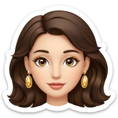 Luxury Milan girl Greta emoji: oval face, flawless skin, big light almond eyes with lashes/eyeliner, arched brows, flirty half-smile glossy lips, beauty mark, wavy warm brunette hair, gold hoop earrings, soft glow, champagne bg with sparkles, 3D sticker style, centered. sticker