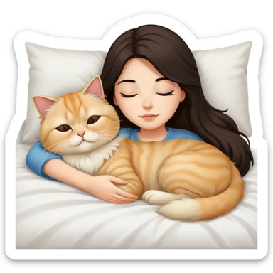 pretty girl with dark long hair sleeping with blonde persian cat in bed sticker