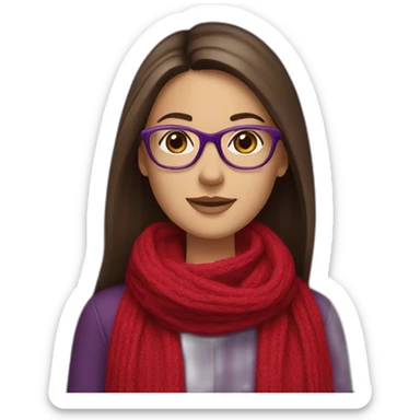 brunette young lady with long straight hair wearing a red scarf and glasses with purple background sticker