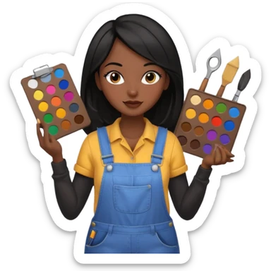 Créame emoji de una mujer que sea diseñadora industrial, pelo negra, piel morena, femenina con overol y una paleta de colores o herramientas de taller piel oscura chocolate cabello largo  sticker