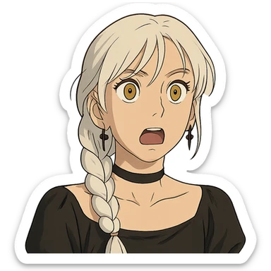 close-up portrait of shocked young woman with gold yellow eyes, white hair, long braid, black off-shoulder top, punk gothic style sticker