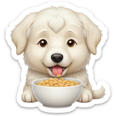 Great white Pyrenees dog eating cereal sticker