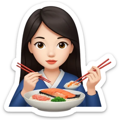chica joven con piel clara y pelo oscuro largo comiendo un plato de arroz con salmón  sticker