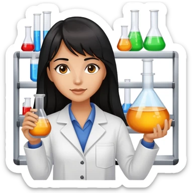 Crear una imagen de una profesora de quimica de piel canela pelo negro largo con reflejos marrones y flequillo, que este en un laboratorio, sosteniendo un matraz sticker