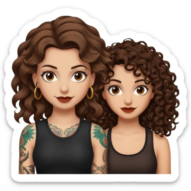 side eye duo — long wavy brown hair tattooed woman and short tight curly brown hair woman — rogue grin sticker