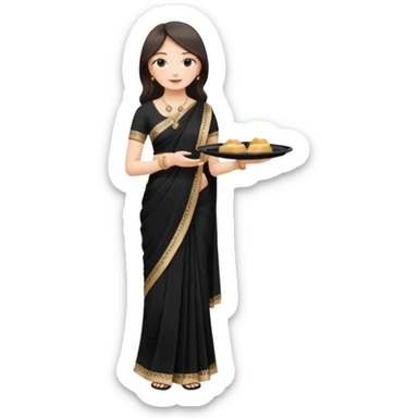 Russian girl in Indian black saree with full image from head to leg and holding one small cream colour plastic tray in her both hands sticker
