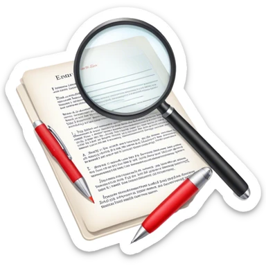 Create an emoji representing editing and proofreading. The design should feature an open document or manuscript with visible text and proofreading marks (such as red underlines or corrections). A red pen or pencil should be placed near the document, symbolizing the act of making edits. Optionally, include a magnifying glass to represent careful review. Use neutral and professional colors like white, black, and red accents to highlight the editing process. Do not include any emojis or smiley faces. Make the background transparent. sticker
