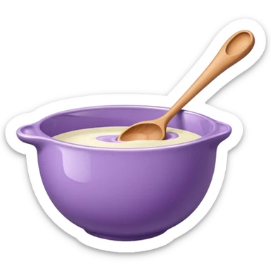 a lilac ceramic mixing bowl with a wooden spoon stirring sticker