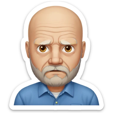 a portrait of aggressive elderly man, bald head, beard, wearing shirt sticker