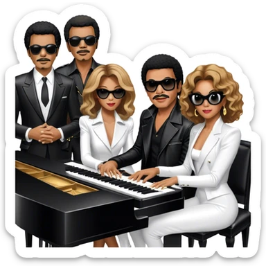 Michael Jackson in his black leather jacket, Beyoncé in a glamorous stage outfit, Lionel Richie in his classic look, Whitney Houston in her famous dress, and Ray Charles in black glasses sitting at a piano. Transparent background. sticker